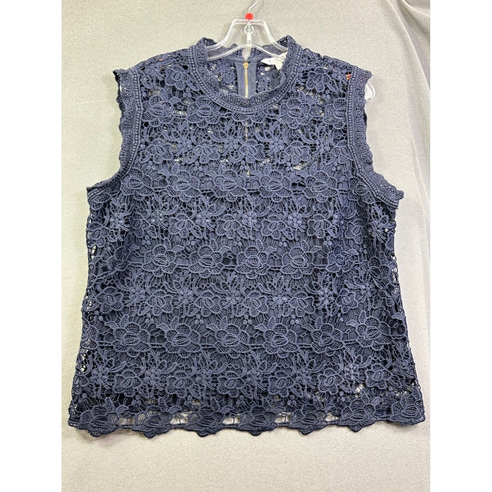 Nanette lepore Navy Blue Flora Guipure Lace Sleeveless Mock Neck Top Back Zip XL
